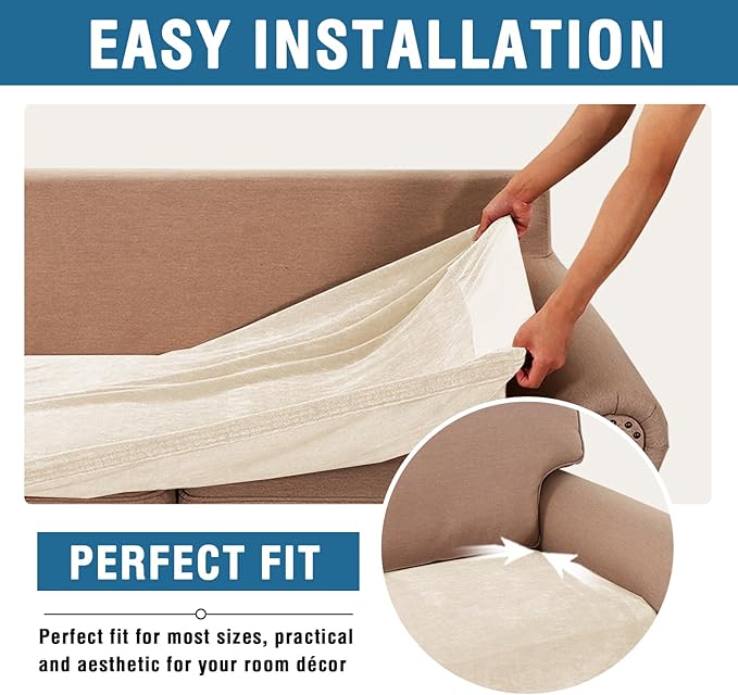 H.VERSAILTEX Stretch Chenille Couch Cover 2 Cushion Sofa Thick Slip Covers for Sofas/Couches 2 Cushions Non-Slip Couch Covers for Sofa Pets with Elastic Bottom(2 Seater Loveseat Cushion Cover,Beige)