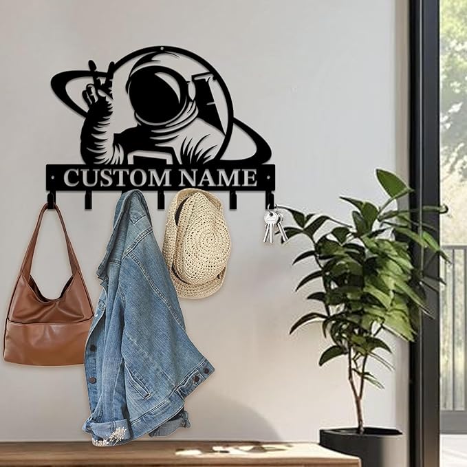 Personalized Custom Astronaut UFO Metal Wall Keys Hooks,Clothes Hooks Astronaut Art coat racks,door holder,Black Astronaut decorations for home,Entrance doors,Hallway, Bedroom,Keys,Hats (Style G)