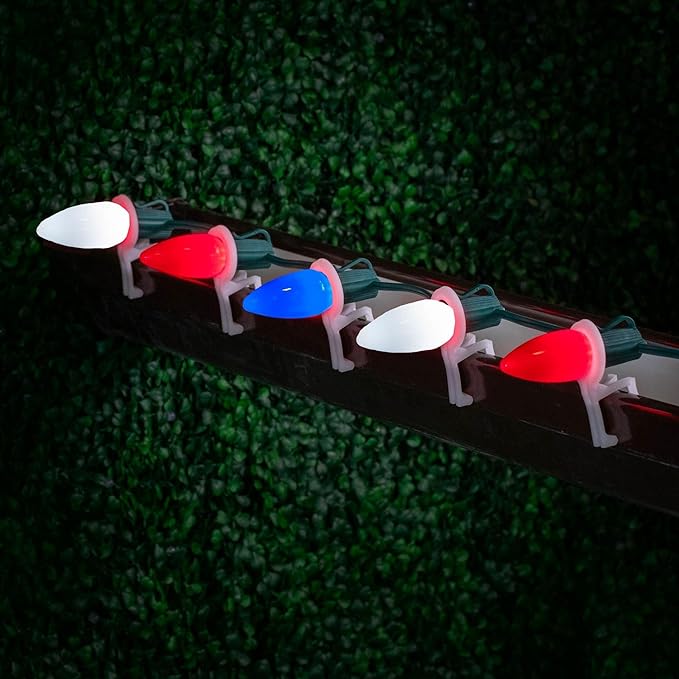 Novelty Lights 25 Feet 25 Light C9 Ceramic Style LED String Lights, Red/Pure White/Blue, Pre-Lamped Patriotic Lights on Green Wire, UL Listed Indoor/Outdoor, Connectable End-to-End