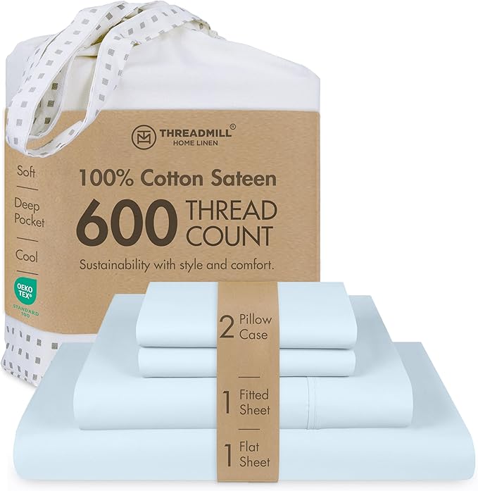 Threadmill 100% Cotton Sheets for King Size Bed - 600 Thread Count King Bed Sheets Set with 16” Deep Pocket - Sateen Weave 4-Piece Bedding Set with Cooling Effect, Blue
