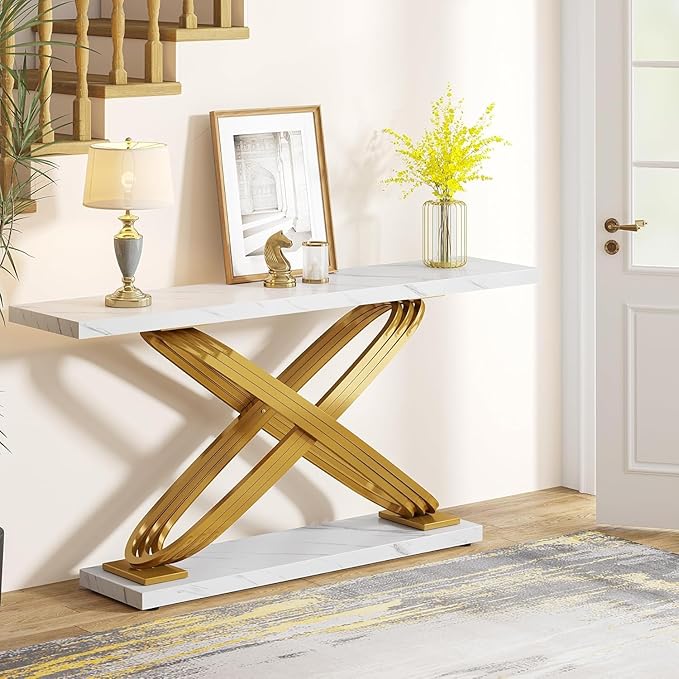 Tribesigns 55 Inch Modern Console Table, Gold Entryway Table Behind Sofa Couch, Narrow Rectangular Sofa Table for Living Room, Bedroom, Front Hall, Hallway, Gold & White