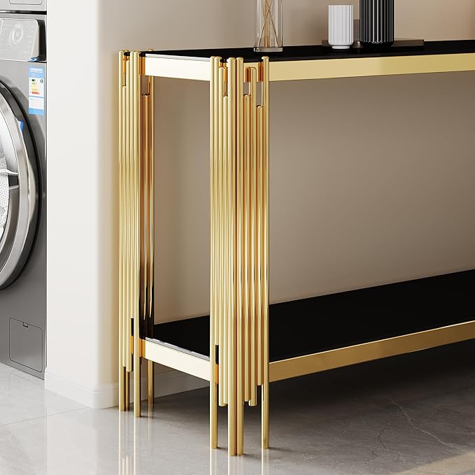 Goujxcy Modern Glass Console Table 55" Gold Entryway Table with Black Glass Top and Mirror Finish Stainless Steel Legs, Luxury Rectangular Sofa Tables for Living Room Hallway Corridor Table (Gold)