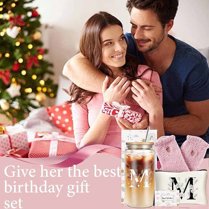 Unique Initial Glass Cup with Lids and Straws, Monogrammed Gifts Box Included Makeup Bag, Christmas Birthday Gifts for Women Mom Sister Grandma, M