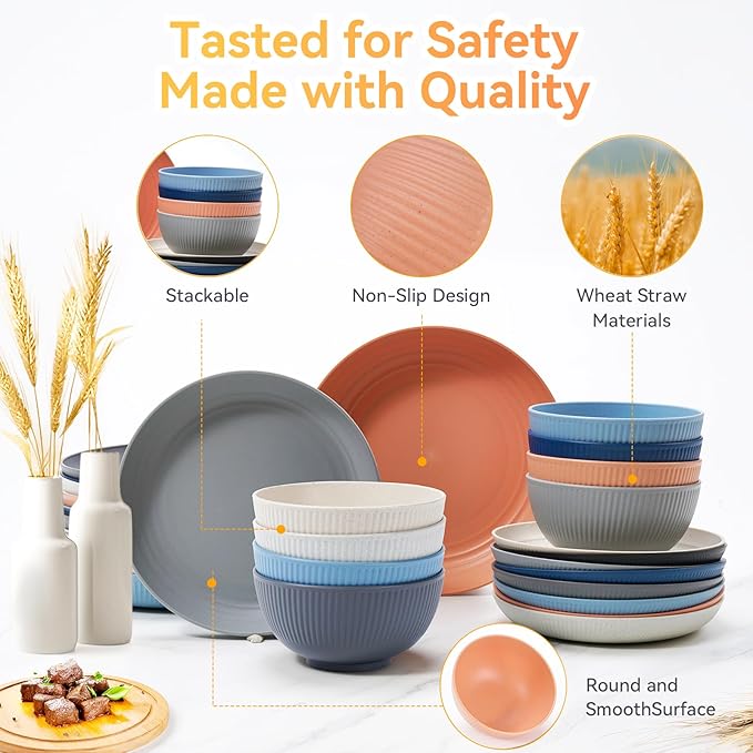 Wheat Straw Dinnerware Sets,64-Piece Plates and Bowls Sets for 8-Unbreakable,Reusable Plastic Dish Set-Dinner Plate/Dessert Plate/Cereal Bowl/Cup/Utensils-Microwavable Dishwasher Safe 64P-Light Gray