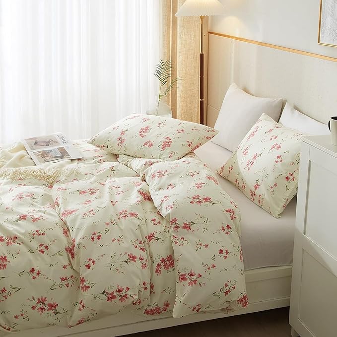 Boho Floral Duvet Cover Full Soft Cotton Girls Pink Floral Bedding Set Chic Garden Style Cute Flower Pattern Duvet Cover Vintage Floral Botanical Comforter Cover 1 Full Duvet Cover with 2 Pillowcases