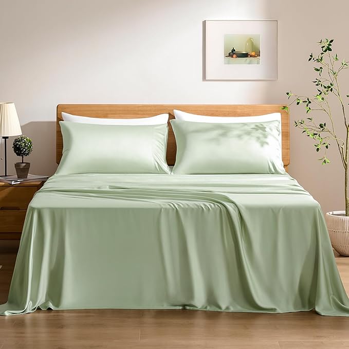 TOSMO Luxury Cooling Sheet Set - 100% Viscose from Bamboo, 4-Piece Bedding Set (Queen Size) - 18” Extra Deep Pockets, Oeko-Tex Certified, Silky Soft and Breathable, Light Green