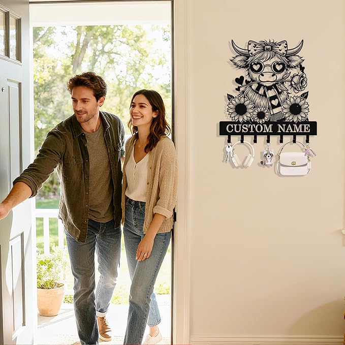 Personalized Highland Cow Key Holder Wall Mount, Custom Metal Key Holder for Wall with Name, Custom Keys Rack Hanger with Hooks for Entryway, Front Door, Hallway, Living Room, Kitchen