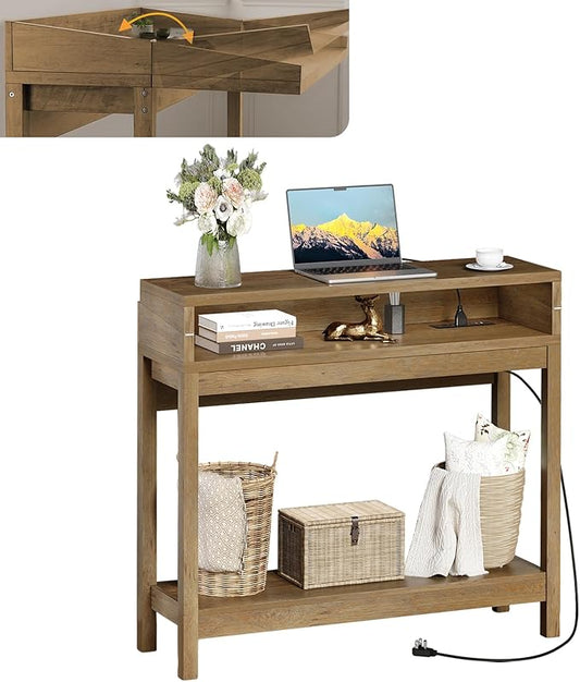 Foldable 38" Console Table with Charging Station & Storage, Side Table with Charging, Entryway Table with Anti-Tip Design,Rustic,Rustic Brown