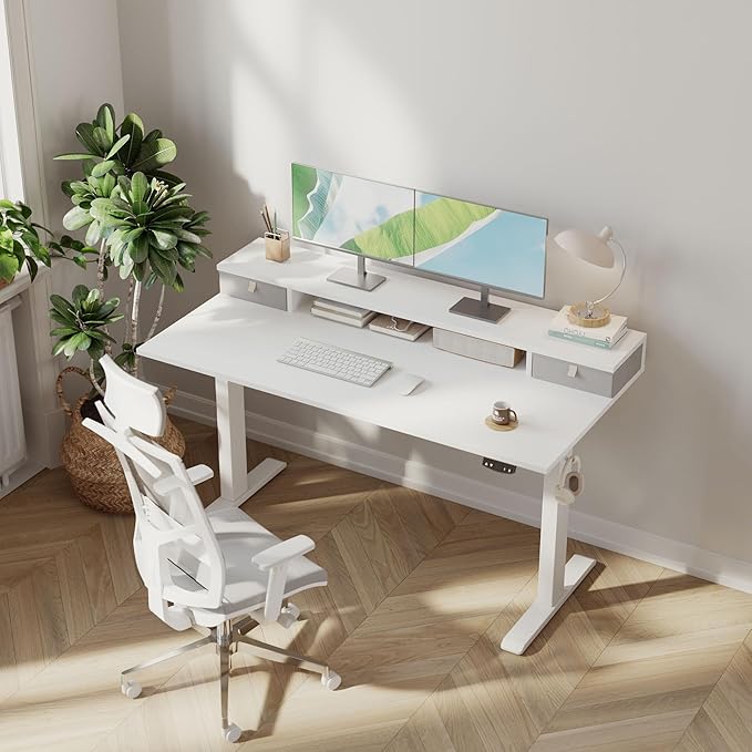 Klicelor 48 Inch Electric Standing Desk with Drawers, Adjustable Height Small Sit Stand Desk for Home Office, Compact Computer Workstation with Storage– White