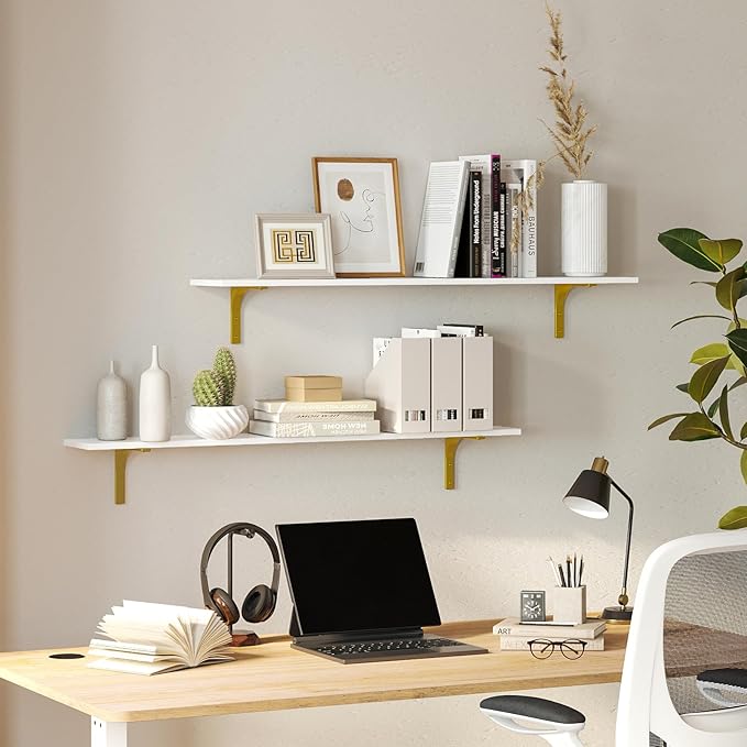 DINZI LVJ Long Wall Shelves, 39.4" Wall Mounted Shelves Set of 4, Large Floating Shelves for Wall with Metal Brackets, for Living Room, Bathroom, Bedroom, Kitchen, White and Gold