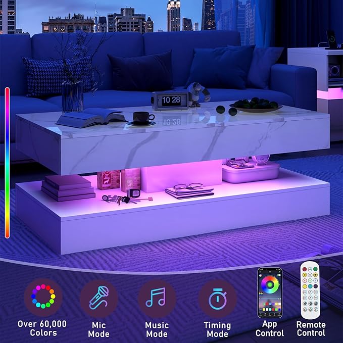 47.2" Large High-Glossy LED Coffee Table with 2 Sliding Drawers, Living Room Storage Coffee Tables with Marbling Print, Modern Stylish Double-Layer Center Tables w/LED Lights, White