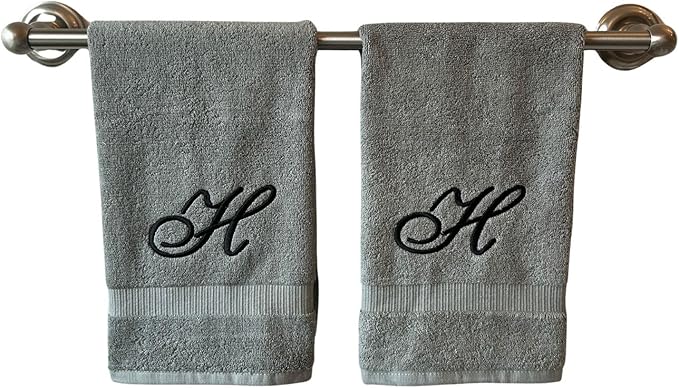Gray Monogrammed Hand Towels for Bathroom - Luxury Hotel Quality Personalized Initial Embroidered Towel for Powder Room, Spa - GOTS Organic Certified - Set of 2 Black Letter H