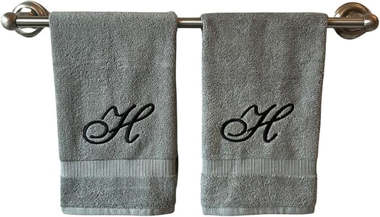 Gray Monogrammed Hand Towels for Bathroom - Luxury Hotel Quality Personalized Initial Embroidered Towel for Powder Room, Spa - GOTS Organic Certified - Set of 2 Black Letter H
