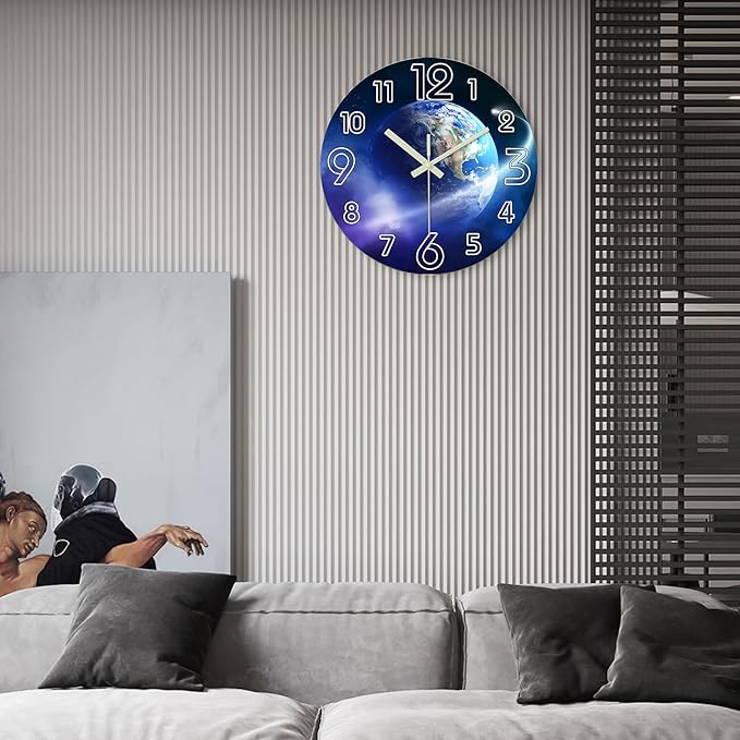 Blue Glow in The Dark Clocks for Living Room 14 Inch Battery Operated Wall Clock Non Ticking Decorative Wall Clock for Teenager