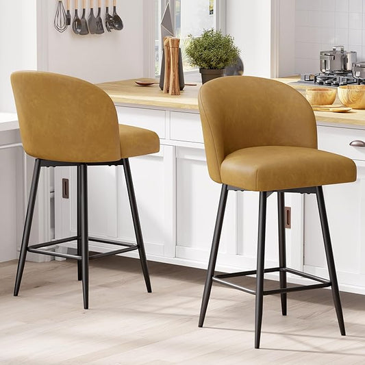 Counter Height Bar Stools Set of 4,360° Swivel Barstools with High Back and Metal Legs,26" Seat Height, Upholstered PU Leather Bar Chairs for Kitchen Island, Dining Room,Cafes,Yellow