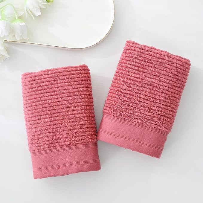 YiLUOMO Pink Hand Towel Set of 2 Ribbed Striped 100% Cotton Quick Dry Soft and Absorbent Bathroom Decorative Hand Towel 13 x 29 Inch