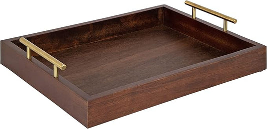 Kate and Laurel Lipton Decorative Wooden Tray with Metal Gold Handles, 16.5" x 12.25", Dark Walnut Brown and Gold