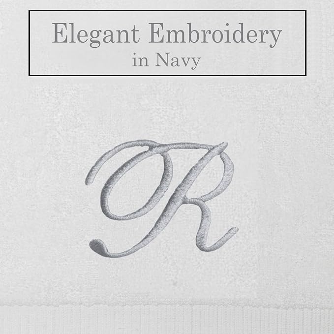 White Monogrammed Hand Towels for Bathroom - Luxury Hotel Quality Personalized Initial Embroidered Towel for Powder Room, Spa - GOTS Organic Certified - Set of 2 Silver Letter R