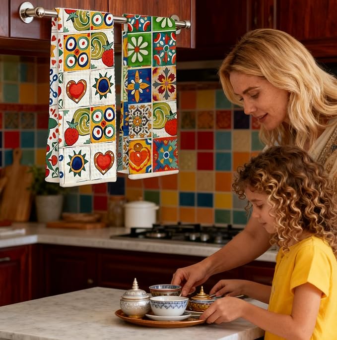 2-Pack Spanish Kitchen Towels, Mediterranean Colorful Tile Pattern Waffle Towels 16x24 Inch, Floral & Fruit Dish Towels Decor for Kitchen, Spanish Inspired Hand Towel for Bathroom Decor.