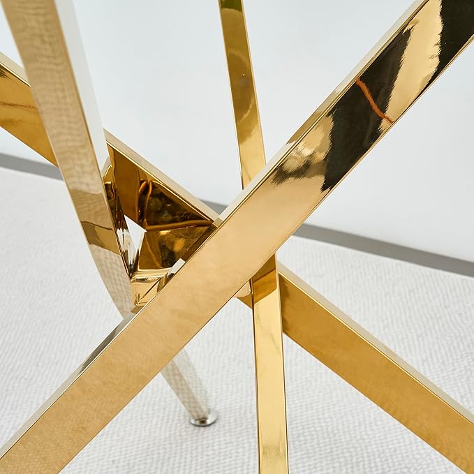 36" Round Glass Dining Room Table for 4 with Tempered Glass Top and Gold Chrome Metal Legs, Modern Clear Kitchen and Dinner Table for Home Office Dining Room