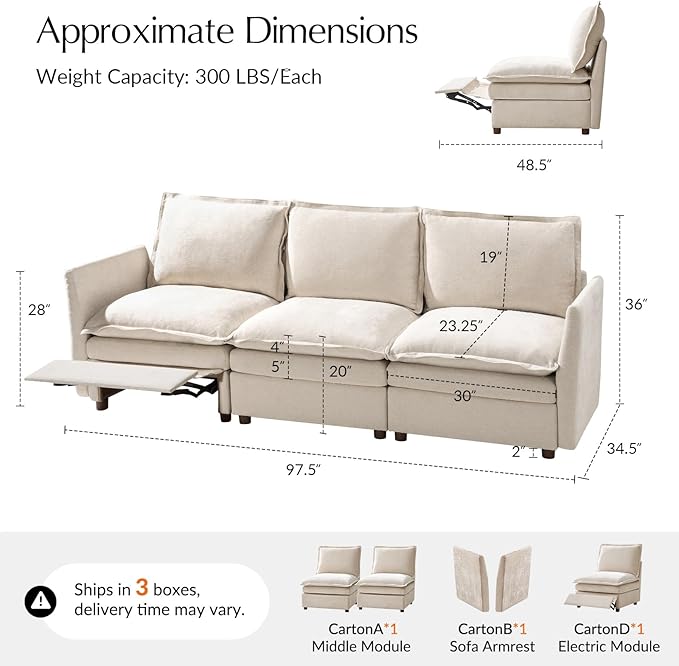 HULALA HOME 98'' Power Recliner Sofa with Dual-Layered Cushions, Oversized Modular Sectional Sofa with Storage Ottoman, Modern 3 Seater Cloud Couch for Living Room, Beige