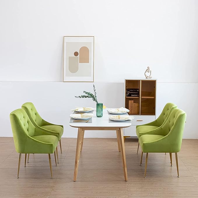 Modern Dining Chair Set of 6, Mid-Century Room Chair, Upholstered Comfortable Velvet with Back Pull Rod and Metal Legs for Kitchen, Living (Yellow-Green) (DYXSD)