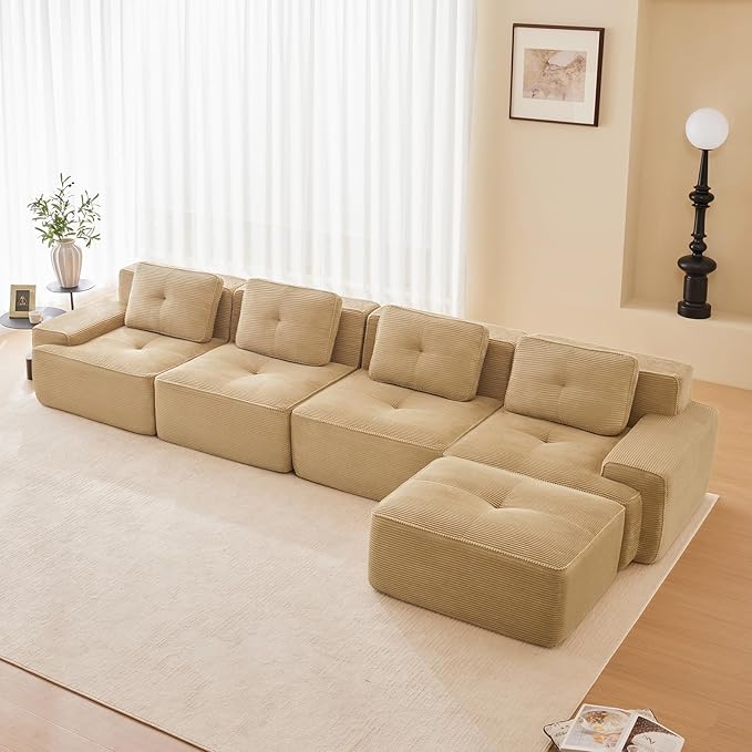 150" Modern Compressed Boneless Couch with Ottoman, 4 Seater Large L Shaped Sectional Couches for Living Room, Camel Corduroy Cloud Modular Sectional Sofa, Memory Foam, Extra Deep, No Assembly