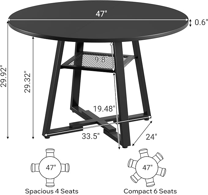 Round Dining Table for 4-6 People,47 Inch Dining Room Table,Modern Circle Kitchen Table with Storage Shelf and Metal Legs for Dining Room,Kitchen,Black (Table Only)