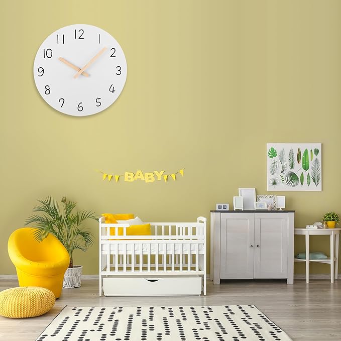 Plumeet 12'' Wooden Wall Clock Frameless Clocks with Silent Quartz Movement - Modern Style Village Wall Clocks Decorative Home Kitchen - Battery Operated (White)