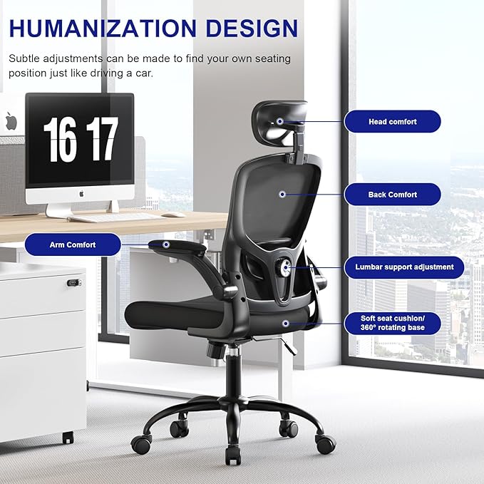 Ergonomic Office Chair - Adjustable Lumbar Support and Headrest, High Back Desk Chair with Flip-Up Arms for Home Office, 90-120° Tilt & Swivel Rolling Task Chair (Black)