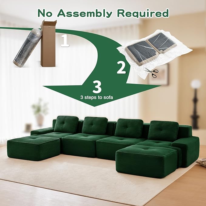 150" Modern Compressed Boneless Couch with Ottoman, 4 Seater Large U Shaped Sectional Couches for Living Room, Green Corduroy Cloud Modular Sectional Sofa, Memory Foam, Extra Deep, No Assembly