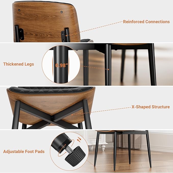 Dining Chairs Set of 2, FSC Certified Mid Century Modern Accent Dining Room and Kitchen Chairs, Upholstered PU Leather Diamond Check Chairs with Walnut Bentwood and Metal Legs, Black
