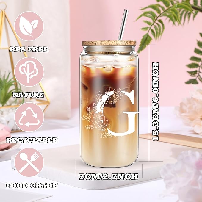 Unique Initial Glass Cup with Lids and Straws, Monogrammed Gifts Box Included Makeup Bag, Christmas Birthday Gifts for Women Mom Sister Grandma, G