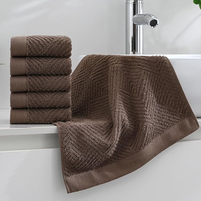 sense gnosis Chocolate Washcloth Set of 6 Premium 100% Cotton Herringbone Striped Weave Ultra Soft Highly Absorbent Washcloths Towel for Bathroom 13 X 13 Inch