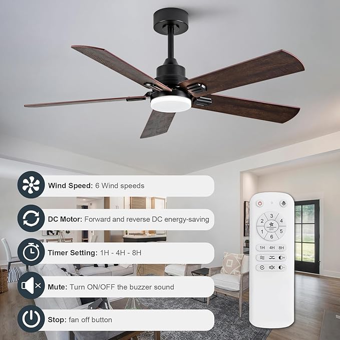 52 Inch Black Outdoor Ceiling Fans with Lights and Remote, Dimmable 5 Blade Outdoor Ceiling Fans for Patios, Black Ceiling Fan with Light for Bedroom Indoor Living Room