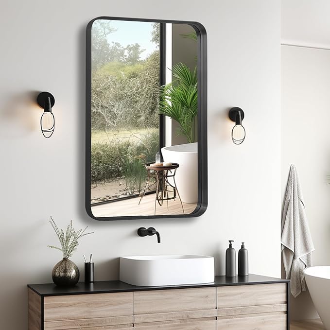 Wall Mirror 24" x 36" Black Metal Deep Frame for Bathroom, Living Room, Bedroom, Entryway - Decorative Rectangular Round Corner Mounted Vanity Mirror