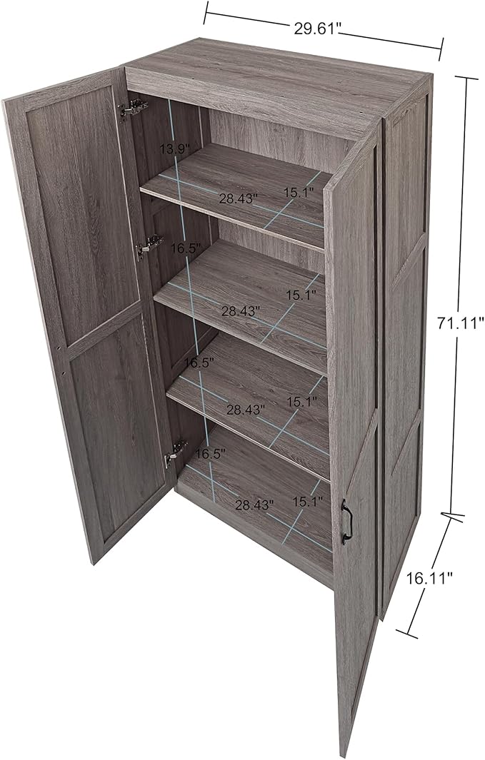 Manhattan Comfort Hopkins Modern Freestanding Storage Cabinet with 4 Adjustable Shelves & Soft Close Doors, Tall Multipurpose Organizer for Kitchen, Pantry, Garage, Mudroom, Set of 1, Grey