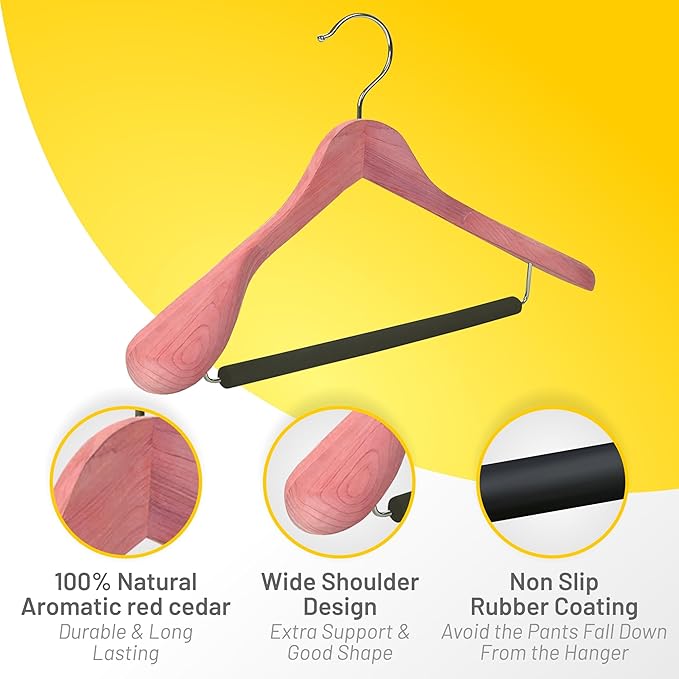 Cedar Hangers for Closet - 5 Pack Extra Wide Wooden Hangers for Suits, Coat, Dress, Jacket, Clothes Storage - Non Slip Foam Padded Pant Bar with 360° Swivel Hook, Aromatic American Cedar Wood