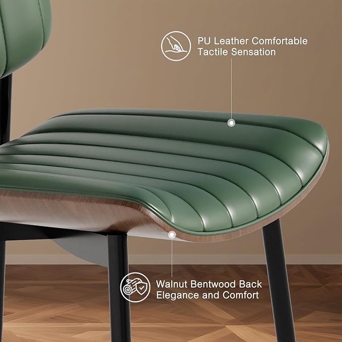 Modern Green Leather Dining Chair Set of 6, Bentwood Backrest & Black Metal Frame Ergonomic Comfort, Sustainable Style, Multi-Space Versatile, Green