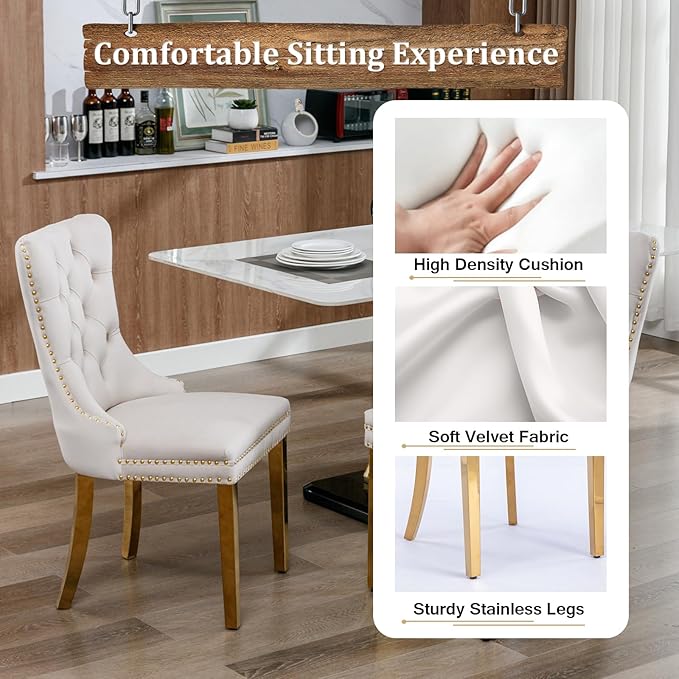 Goujxcy 51" Glass Dining Table Set for 6, Modern Kitchen Table and Chairs Set w/Steel Legs, 7-Piece Dining Table Set w/Glass Gold Dining Table and 6 Beige Velvet Chairs for Kitchen Dining Room