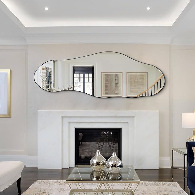 Irregular Mirror Full Length, 63"x22.5" Large Asymmetrical Wall Mirror, Black Metal Frame Abstract Decorative Mirrors for Living Room Bathroom Bedroom Hallway Entryway Fireplace