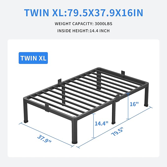 MAF 16 Inch Twin XL Bed Frames with Round Corner Legs Mattress Slide Stopper No Box Spring Needed Heavy Duty Metal Platform Bed Frame Under-Bed Storage Space, 3000 LBS Steel Slats Support