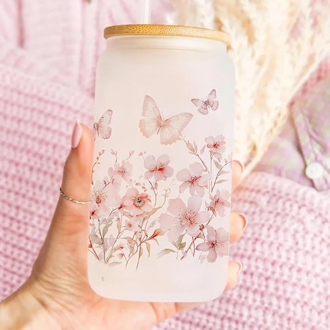 Butterfly Cup With Lids and Straw, Aesthetic Iced Coffee Glass, Butterfly Gifts for Women Friend Sister Her, Colorful Flower Cup, Can Glass