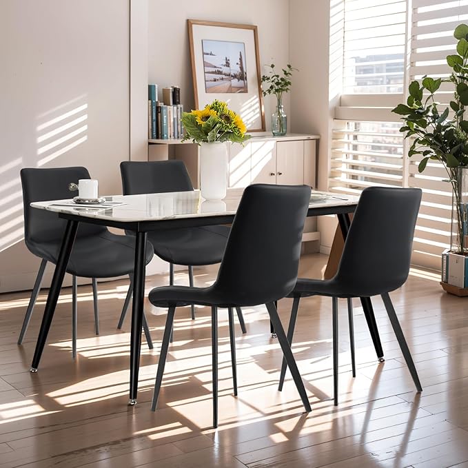 Dining Chairs, Modern PU Leather Dining Room Chair with Sturdy Metal Legs, Upholstered Seat Dinner Chairs Accent Side Chairs for Indoor Kitchen Living Room (Black, Set of 6)