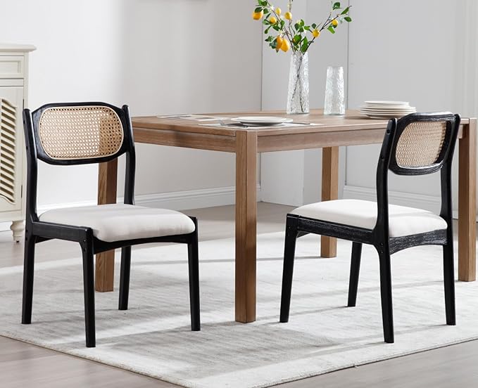 EALSON Farmhouse Rattan Dining Chairs Set of 2 Modern Mid Century Dining Room Chairs Upholstered Linen Kitchen Side Chairs with Cane Back/Black Wood Frame for Living Dining Room,Beige