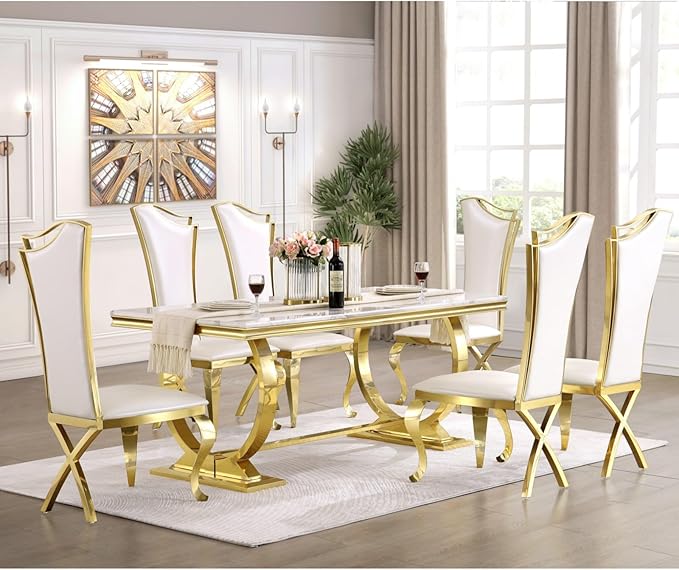 White and Gold Dining Chairs Set of 6, White PU Leather Dining Room Chair with Gold Polished Metal Legs, Glam Upholstered Kitchen Chairs for Dining Room, Kitchen, Living Room