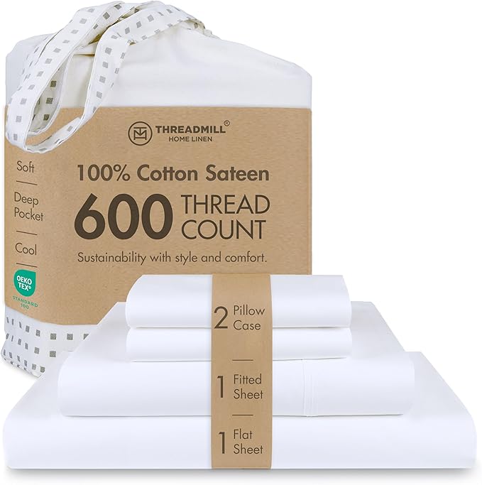 Threadmill 100% Cotton Sheets for Full Size Bed - 600 Thread Count Full Bed Sheets Set with 16” Deep Pocket - Sateen Weave 4-Piece Bedding Set with Cooling Effect, White