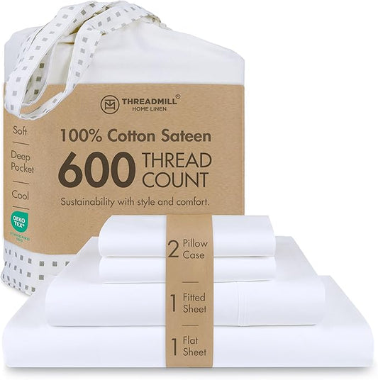 Threadmill 100% Cotton Sheets for King Size Bed - 600 Thread Count King Bed Sheets Set with 16” Deep Pocket - Sateen Weave 4-Piece Bedding Set with Cooling Effect, White