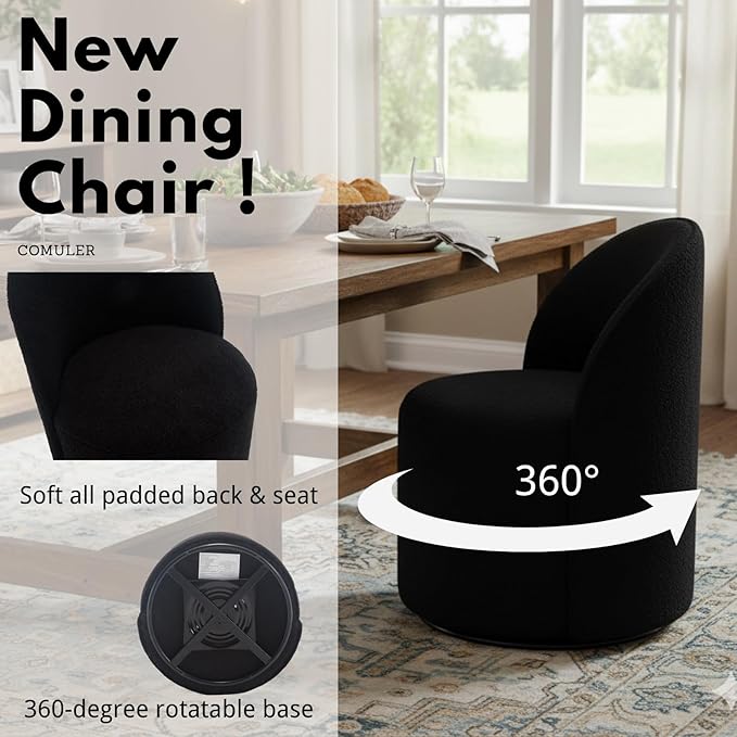 Modern Barrel Dining Chairs Set of 2, Swivel Base Black Sherpa Accent Chair 360°Rotating Mid-Century Dining Side Chair Kitchen Chair for Living Room, Bedroom, Home, Office, Kitchen
