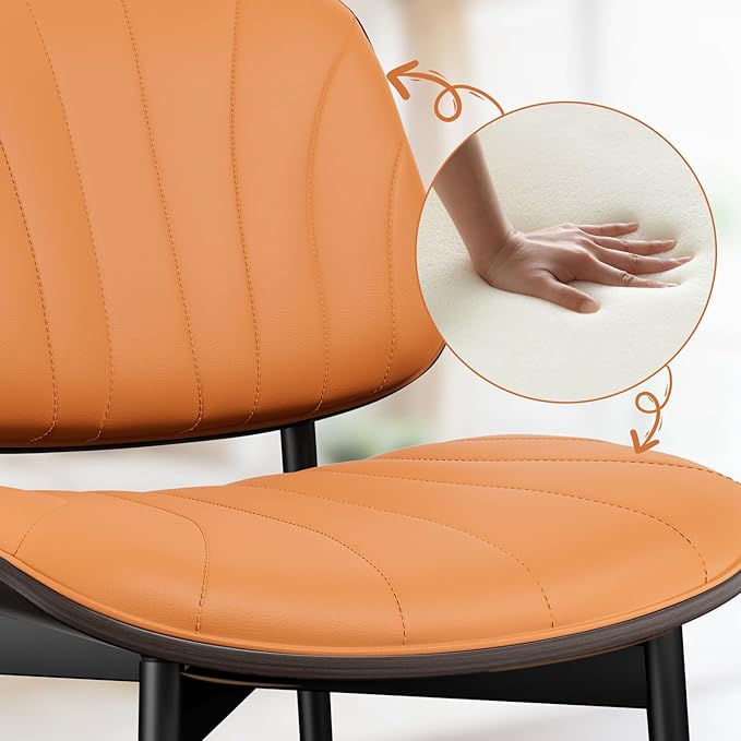 Dining Chairs Set of 6, Mid Century Modern Dining Room and Kitchen Chairs, Upholstered PU Leather Chairs with Walnut Bentwood and Metal Legs, Orange